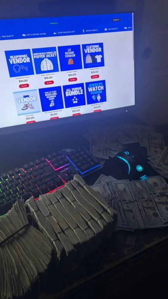 Customer setup: vendor site open on a monitor with cash on the desk