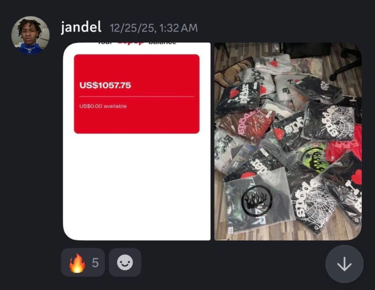 Packed hoodie inventory next to a payout screen